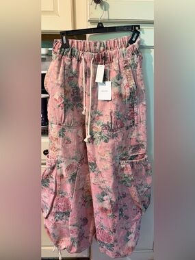 DAVI & DANI Pink Floral Drawstring Cargo Pants